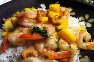 spiced-shrimp-with-mango-rum-cashews-and-cilantro-over-white-rice